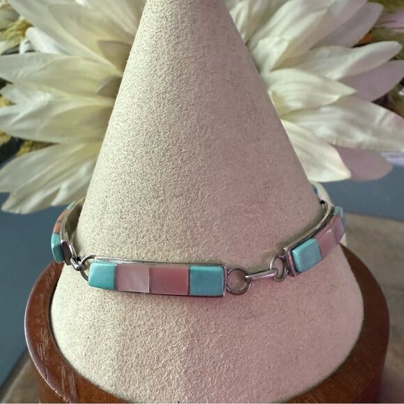 925 Sterling Silver Mother of Pearl & Turquoise Linked Bar Bracelet - Picture 4 of 11